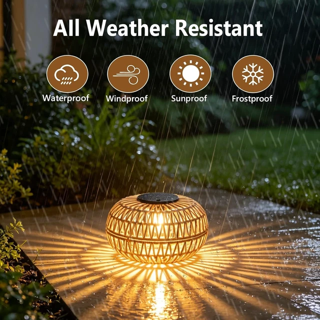 Alt view image 5 of 7 - 2 Pack Waterproof Outdoor Solar Lanterns 11" Rattan Solar Lights with 2 Brightness, Solar Powered Garden Table Decor