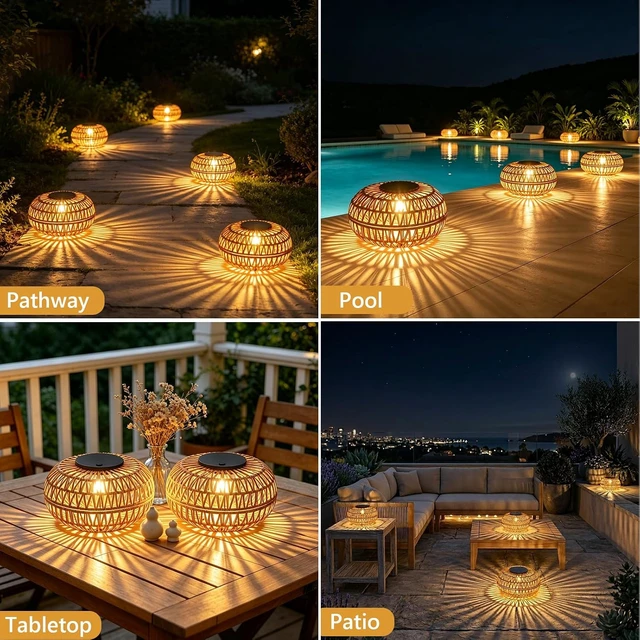 Alt view image 7 of 7 - 2 Pack Waterproof Outdoor Solar Lanterns 11" Rattan Solar Lights with 2 Brightness, Solar Powered Garden Table Decor