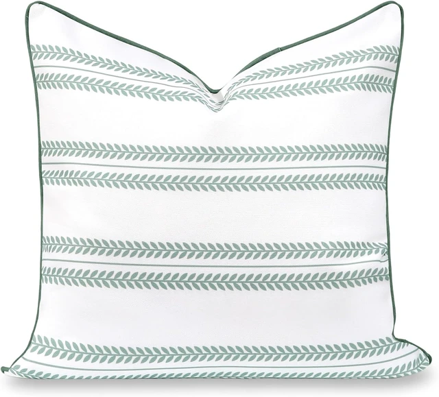 Main image of Coastal Grandmillennial 22"x22" Water Repellent Throw Pillow Cover Indoor Outdoor Patio Cushion for Backyard, Couch, Poolside, Celadon Green Leaf Striped Print