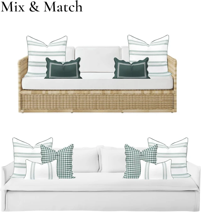 Alt view image 4 of 6 - Coastal Grandmillennial 22"x22" Water Repellent Throw Pillow Cover Indoor Outdoor Patio Cushion for Backyard, Couch, Poolside, Celadon Green Leaf Striped Print
