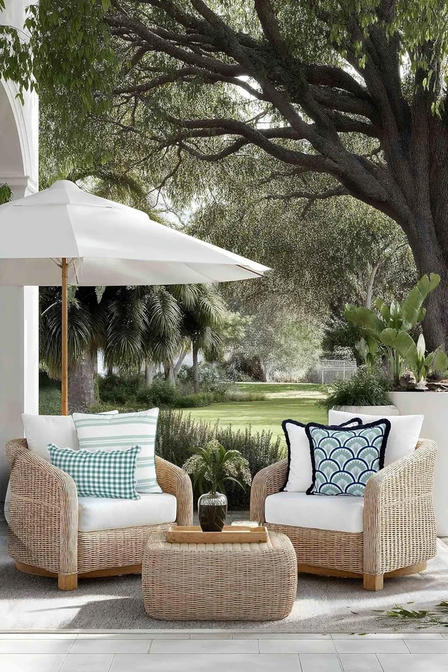 Alt view image 3 of 6 - Coastal Grandmillennial 22"x22" Water Repellent Throw Pillow Cover Indoor Outdoor Patio Cushion for Backyard, Couch, Poolside, Celadon Green Leaf Striped Print
