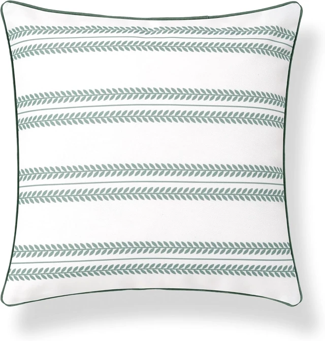 Alt view image 6 of 6 - Coastal Grandmillennial 22"x22" Water Repellent Throw Pillow Cover Indoor Outdoor Patio Cushion for Backyard, Couch, Poolside, Celadon Green Leaf Striped Print