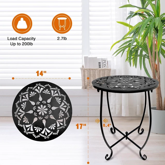 Alt view image 4 of 7 - 2 Pack 14" Round Outdoor Side Tables Weather Resistant Metal Patio End Table for Yard, Porch, Balcony, Garden, Bedside & Plant Stand