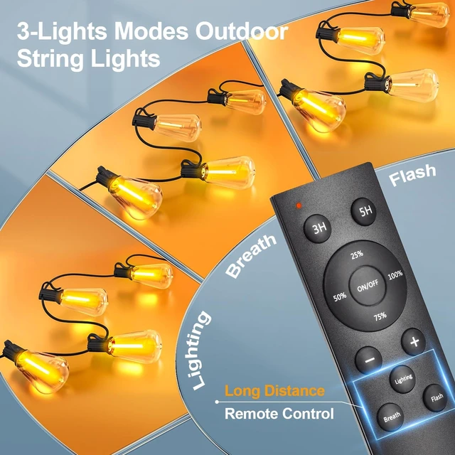Alt view image 2 of 7 - 150Ft Outdoor LED String Patio Lights Waterproof Dimmable ST38 Shatterproof Bulbs with Remote, Connectable Hanging Lighting for Backyard, Yard, Gazebo, Porch Party