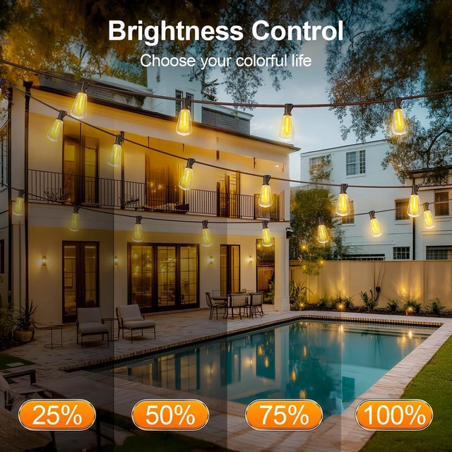 Alt view image 4 of 7 - 150Ft Outdoor LED String Patio Lights Waterproof Dimmable ST38 Shatterproof Bulbs with Remote, Connectable Hanging Lighting for Backyard, Yard, Gazebo, Porch Party
