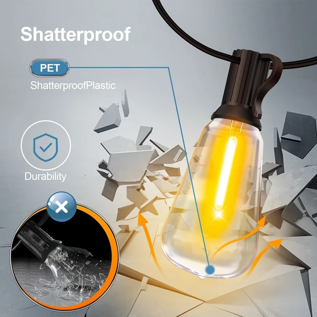 Alt view image 5 of 7 - 150Ft Outdoor LED String Patio Lights Waterproof Dimmable ST38 Shatterproof Bulbs with Remote, Connectable Hanging Lighting for Backyard, Yard, Gazebo, Porch Party