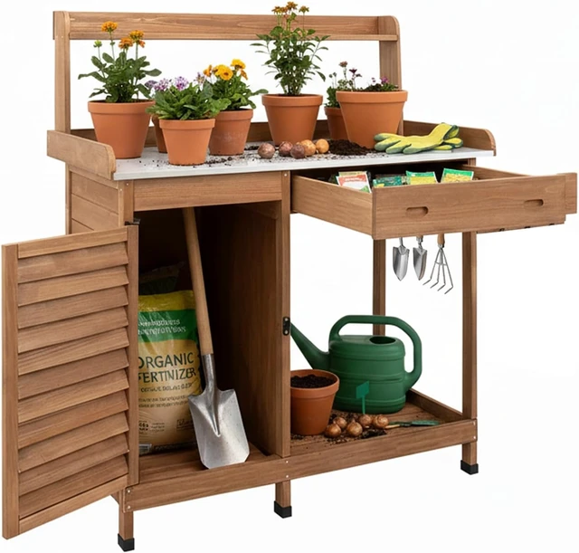 Alt view image 2 of 7 - Outdoor Wooden Potting Bench Work Station with Storage Cabinet, Metal Tabletop, Drawer, Hooks & Open Shelf (41" L X 12.5" W X 49.2" H)