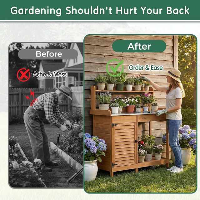 Alt view image 3 of 7 - Outdoor Wooden Potting Bench Work Station with Storage Cabinet, Metal Tabletop, Drawer, Hooks & Open Shelf (41" L X 12.5" W X 49.2" H)