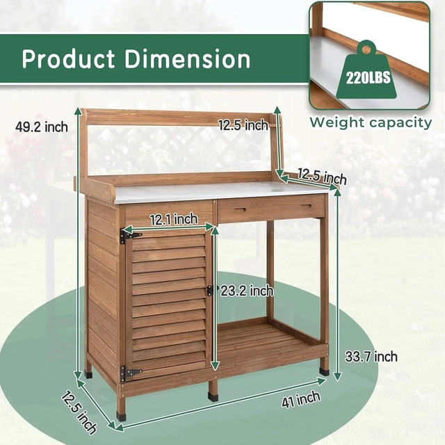 Alt view image 4 of 7 - Outdoor Wooden Potting Bench Work Station with Storage Cabinet, Metal Tabletop, Drawer, Hooks & Open Shelf (41" L X 12.5" W X 49.2" H)