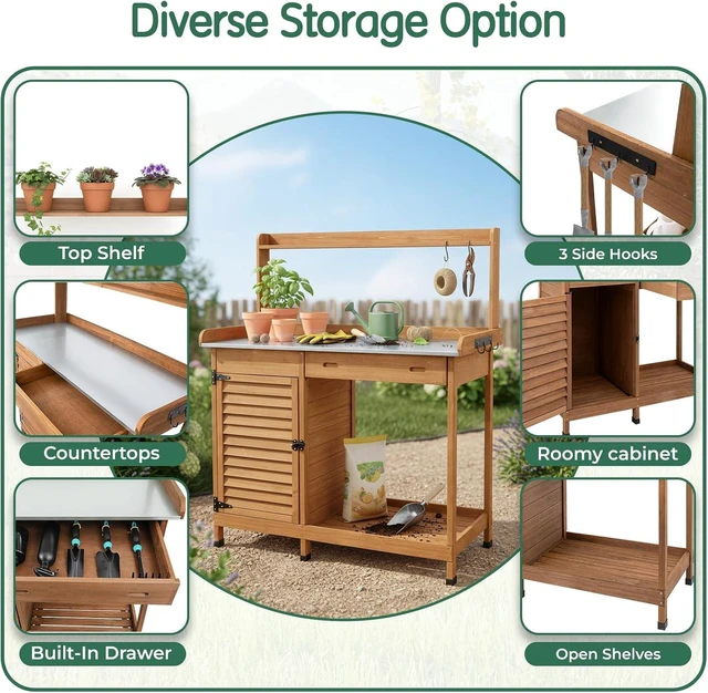 Alt view image 5 of 7 - Outdoor Wooden Potting Bench Work Station with Storage Cabinet, Metal Tabletop, Drawer, Hooks & Open Shelf (41" L X 12.5" W X 49.2" H)