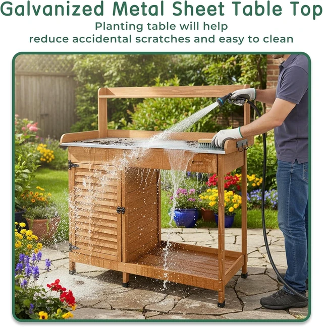 Alt view image 6 of 7 - Outdoor Wooden Potting Bench Work Station with Storage Cabinet, Metal Tabletop, Drawer, Hooks & Open Shelf (41" L X 12.5" W X 49.2" H)
