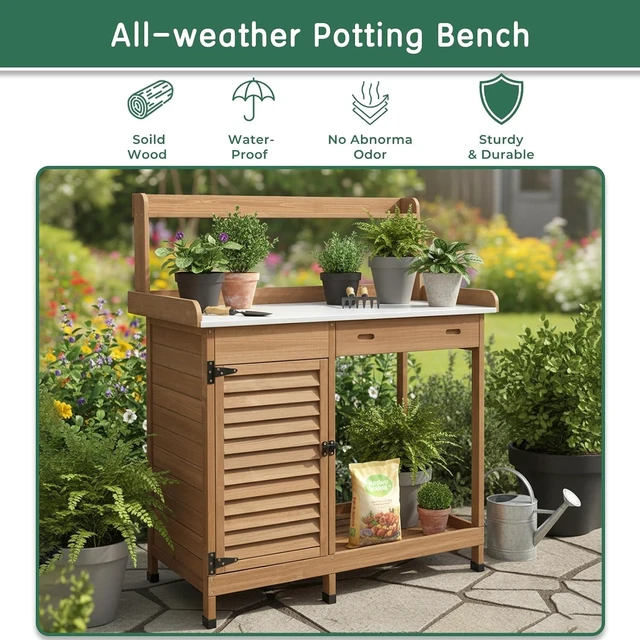 Alt view image 7 of 7 - Outdoor Wooden Potting Bench Work Station with Storage Cabinet, Metal Tabletop, Drawer, Hooks & Open Shelf (41" L X 12.5" W X 49.2" H)