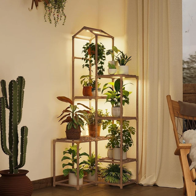 Main image of Tall Corner Plant Stands with Grow Lights Indoor Outdoor Shelves for Multiple Plants & Hanging Planters, Living Room, Patio, Garden Decor