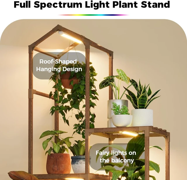 Alt view image 3 of 6 - Tall Corner Plant Stands with Grow Lights Indoor Outdoor Shelves for Multiple Plants & Hanging Planters, Living Room, Patio, Garden Decor