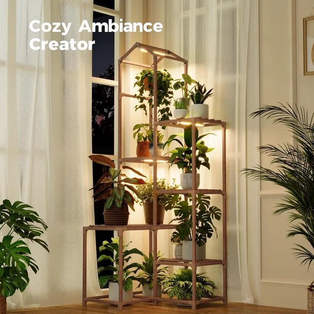 Alt view image 5 of 6 - Tall Corner Plant Stands with Grow Lights Indoor Outdoor Shelves for Multiple Plants & Hanging Planters, Living Room, Patio, Garden Decor