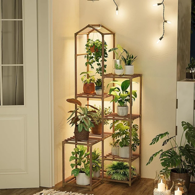 Alt view image 6 of 6 - Tall Corner Plant Stands with Grow Lights Indoor Outdoor Shelves for Multiple Plants & Hanging Planters, Living Room, Patio, Garden Decor