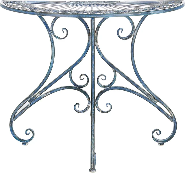 Main image of Annalise Half-Moon Outdoor Accent Table Mossy Blue Iron Metal with Vintage Baroque Scrollwork, 35.5" W x 18.5" D x 29" H (PAT5008C)
