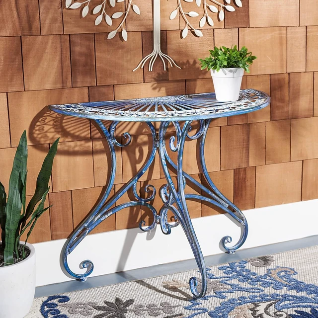 Alt view image 2 of 6 - Annalise Half-Moon Outdoor Accent Table Mossy Blue Iron Metal with Vintage Baroque Scrollwork, 35.5" W x 18.5" D x 29" H (PAT5008C)