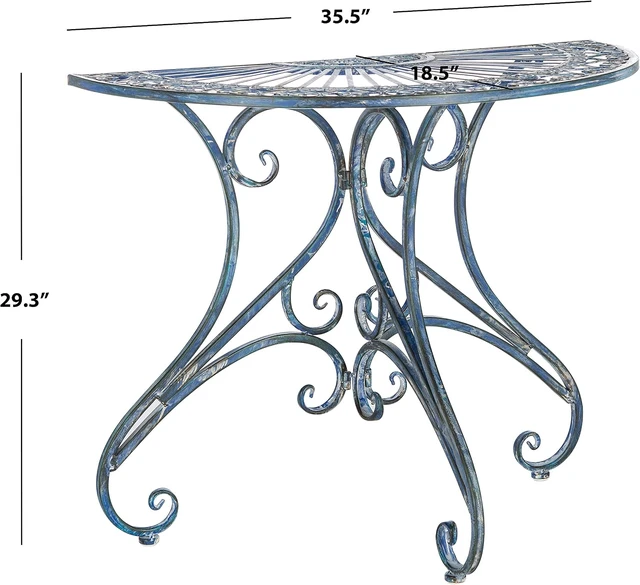 Alt view image 6 of 6 - Annalise Half-Moon Outdoor Accent Table Mossy Blue Iron Metal with Vintage Baroque Scrollwork, 35.5" W x 18.5" D x 29" H (PAT5008C)