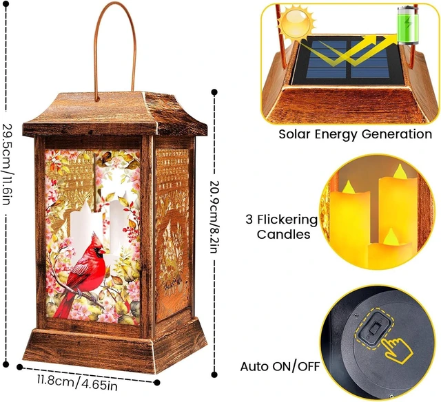 Alt view image 3 of 7 - Cardinal Solar Hanging Lanterns Outdoor Metal Glass Garden Decor Lights, Waterproof for Patio Yard, Gift for Women Mom Grandma Birthday Mothers Day
