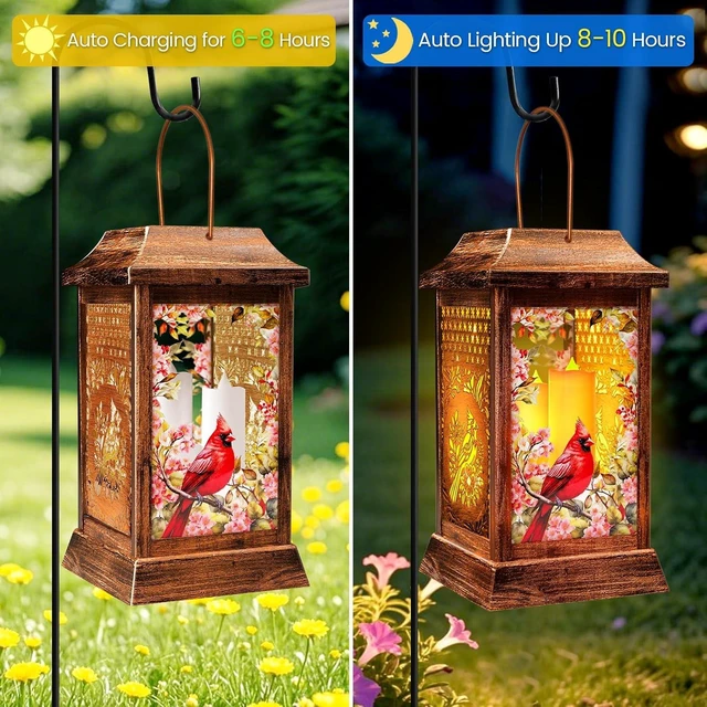 Alt view image 6 of 7 - Cardinal Solar Hanging Lanterns Outdoor Metal Glass Garden Decor Lights, Waterproof for Patio Yard, Gift for Women Mom Grandma Birthday Mothers Day