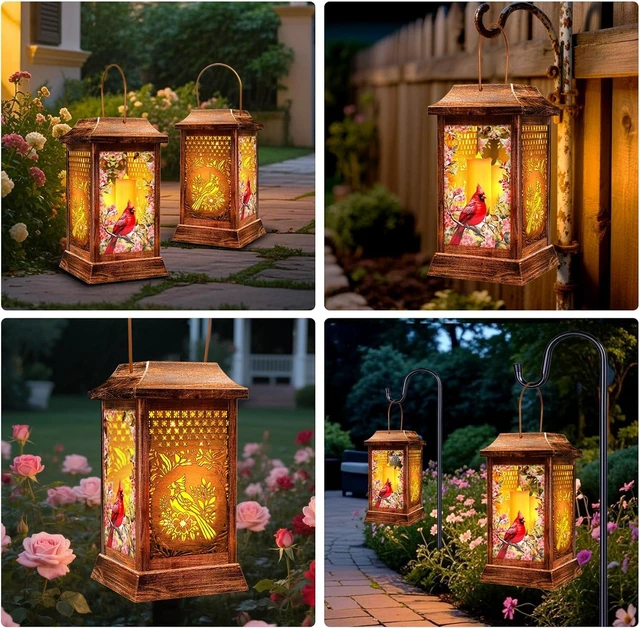 Alt view image 7 of 7 - Cardinal Solar Hanging Lanterns Outdoor Metal Glass Garden Decor Lights, Waterproof for Patio Yard, Gift for Women Mom Grandma Birthday Mothers Day