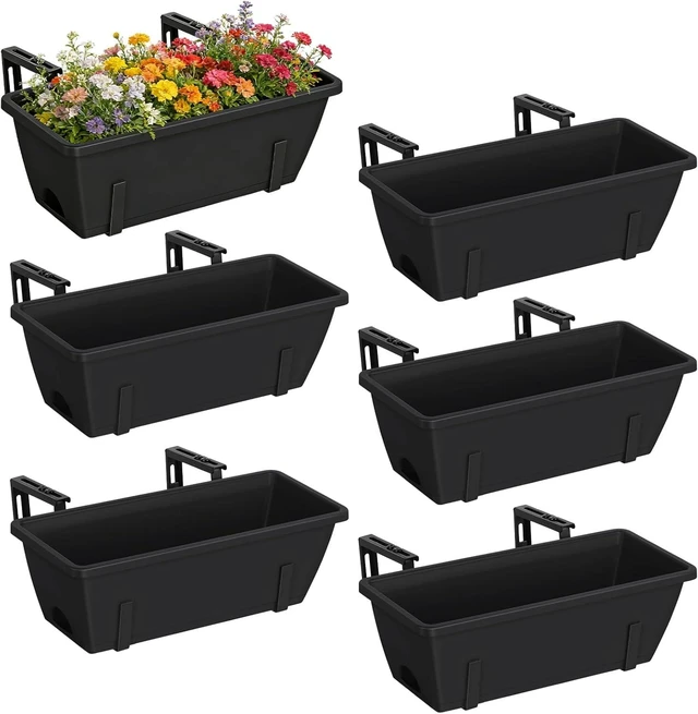 Main image of 6 PCS Black Railing Planter Boxes with Brackets