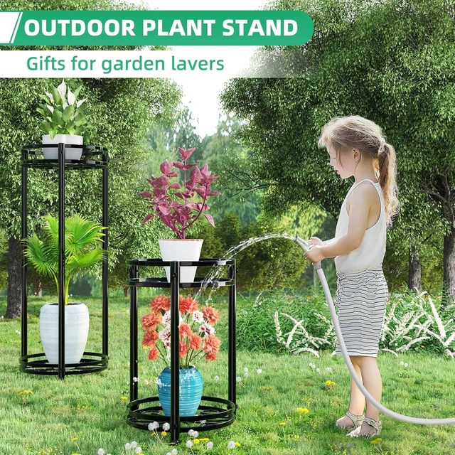 Alt view image 3 of 6 - Round Plant Stand Indoor Outdoor 31" Waterproof Metal Plant Shelf, Heavy Duty Flower Pot Display Rack, 2 Pack, Black