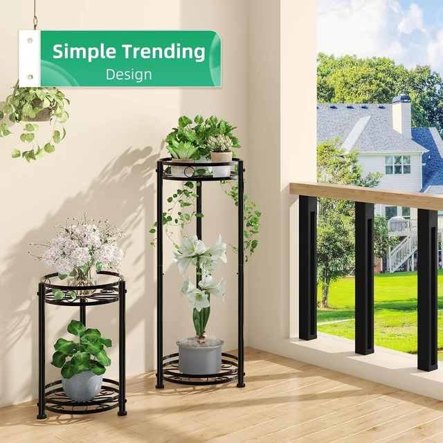 Alt view image 4 of 6 - Round Plant Stand Indoor Outdoor 31" Waterproof Metal Plant Shelf, Heavy Duty Flower Pot Display Rack, 2 Pack, Black