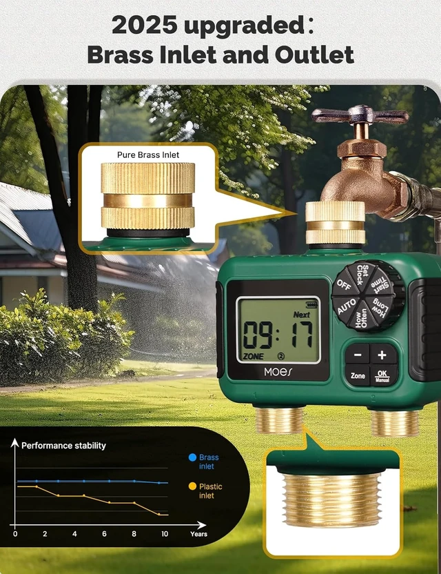 Alt view image 3 of 7 - 2-Zone Garden Hose Sprinkler Timer with Brass Inlet & Outlet