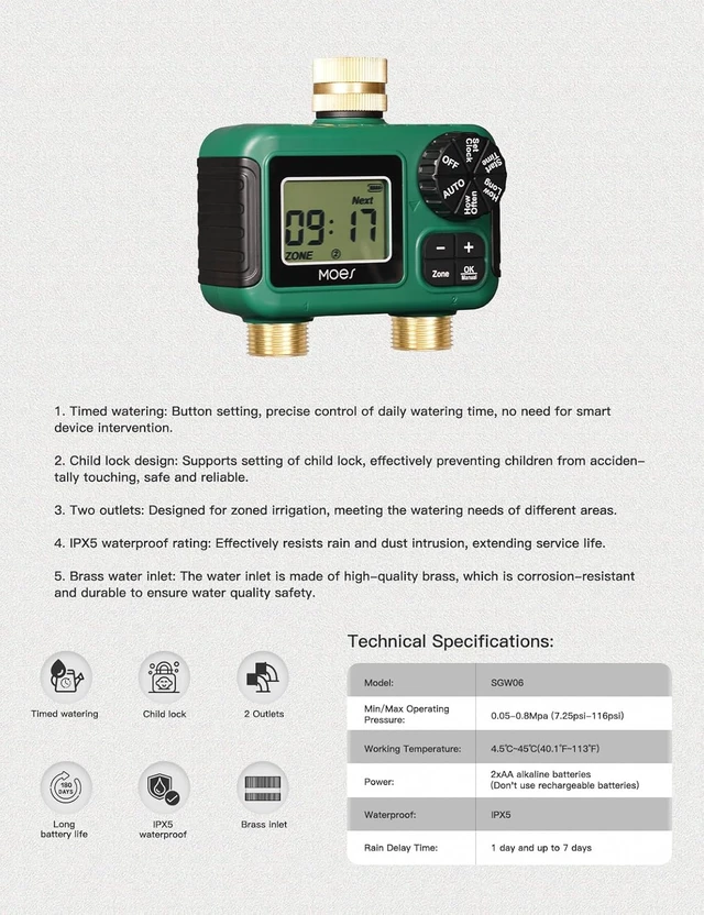 Alt view image 7 of 7 - 2-Zone Garden Hose Sprinkler Timer with Brass Inlet & Outlet