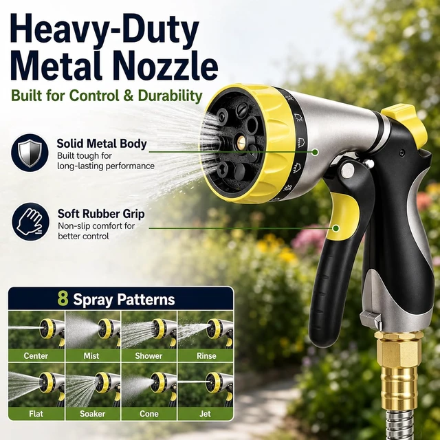 Alt view image 2 of 7 - 50 ft Metal Garden Hose 304 Stainless Steel Water Hose with Nozzle Sprayer, Flexible, Lightweight, No-Kink, Heavy Duty (50 ft)