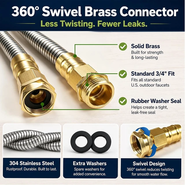 Alt view image 3 of 7 - 50 ft Metal Garden Hose 304 Stainless Steel Water Hose with Nozzle Sprayer, Flexible, Lightweight, No-Kink, Heavy Duty (50 ft)