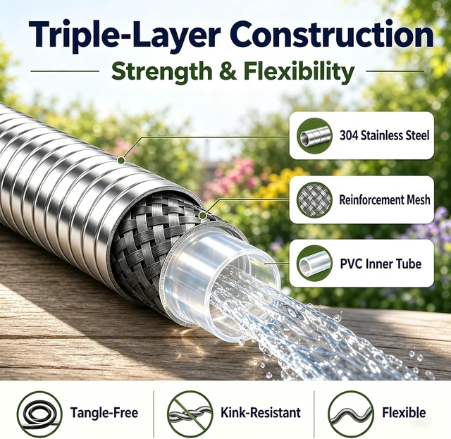 Alt view image 4 of 7 - 50 ft Metal Garden Hose 304 Stainless Steel Water Hose with Nozzle Sprayer, Flexible, Lightweight, No-Kink, Heavy Duty (50 ft)
