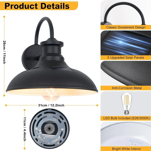 Alt view image 4 of 7 - 12" Dusk to Dawn Solar Barn Light Outdoor Farmhouse Gooseneck Barn Light