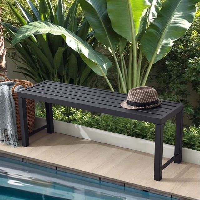 Alt view image 3 of 7 - Set of 2 Black Outdoor Backless Metal Benches Weatherproof Patio Garden Bench for Backyard, Porch, Plant Stand & Holder