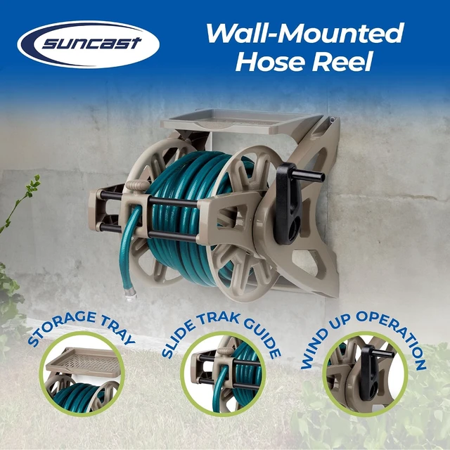 Alt view image 2 of 7 - Slide Trak Wall-Mount Garden Hose Reel with Storage Tray, Dark Taupe Holds 175 Ft of 5/8" Vinyl Hoses for Lawn & Yard