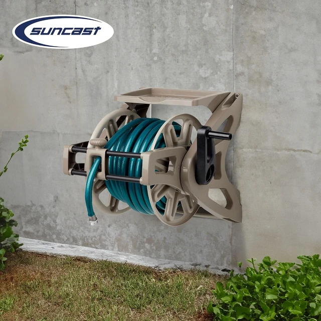 Alt view image 4 of 7 - Slide Trak Wall-Mount Garden Hose Reel with Storage Tray, Dark Taupe Holds 175 Ft of 5/8" Vinyl Hoses for Lawn & Yard