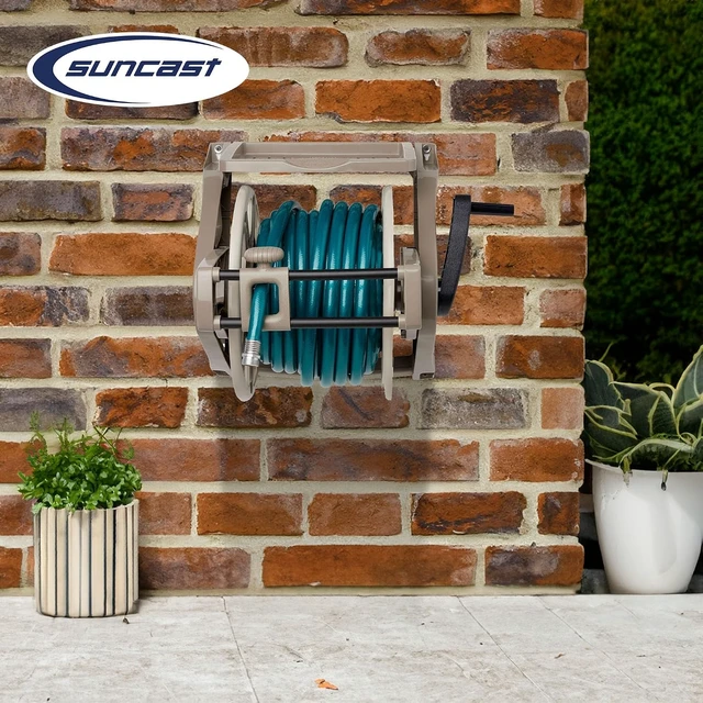 Alt view image 5 of 7 - Slide Trak Wall-Mount Garden Hose Reel with Storage Tray, Dark Taupe Holds 175 Ft of 5/8" Vinyl Hoses for Lawn & Yard