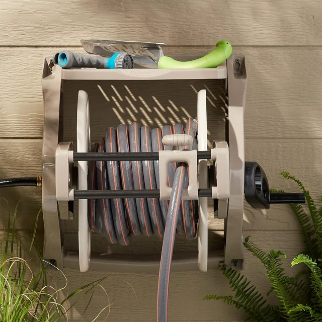 Alt view image 6 of 7 - Slide Trak Wall-Mount Garden Hose Reel with Storage Tray, Dark Taupe Holds 175 Ft of 5/8" Vinyl Hoses for Lawn & Yard