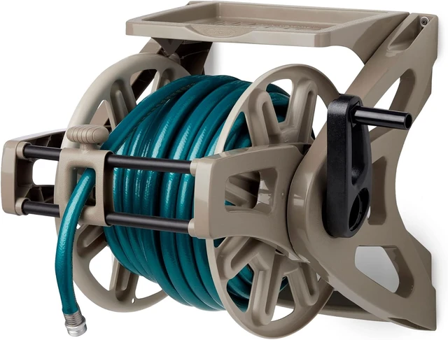 Alt view image 7 of 7 - Slide Trak Wall-Mount Garden Hose Reel with Storage Tray, Dark Taupe Holds 175 Ft of 5/8" Vinyl Hoses for Lawn & Yard