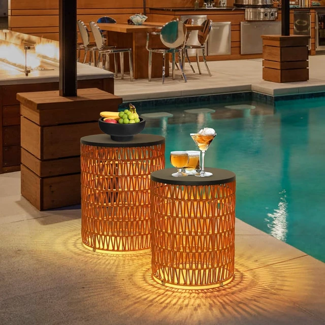 Alt view image 3 of 7 - 2-Pack Outdoor Side End Table with Dimmable Remote Light & Timing Small Round Plastic Rattan Accent Bistro Desk for Poolside, Backyard, Balcony, Gazebo, Indoor