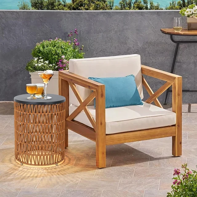 Alt view image 6 of 7 - 2-Pack Outdoor Side End Table with Dimmable Remote Light & Timing Small Round Plastic Rattan Accent Bistro Desk for Poolside, Backyard, Balcony, Gazebo, Indoor