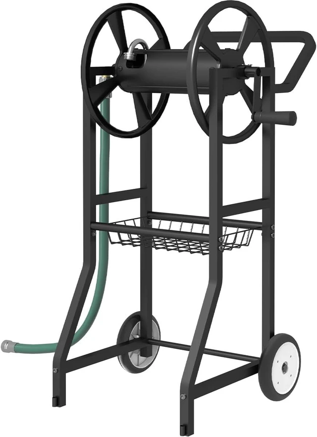 Main image of Garden Hose Reel Cart with Wheels Heavy Duty Powder Coated Steel Storage for 125 ft 5/8" Hoses, 3.9ft Leader Hose & Basket, Black