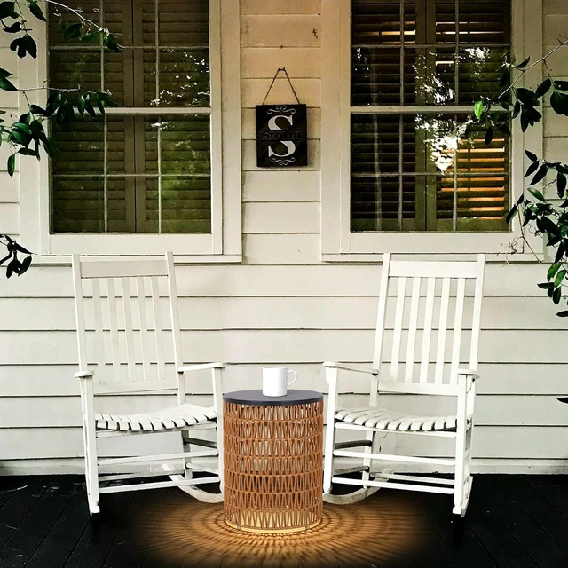 Alt view image 7 of 7 - 2-Pack Outdoor Side End Table with Dimmable Remote Light & Timing Small Round Plastic Rattan Accent Bistro Desk for Poolside, Backyard, Balcony, Gazebo, Indoor