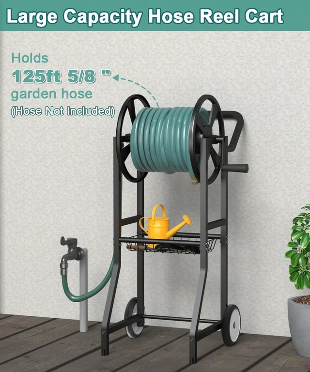 Alt view image 2 of 7 - Garden Hose Reel Cart with Wheels Heavy Duty Powder Coated Steel Storage for 125 ft 5/8" Hoses, 3.9ft Leader Hose & Basket, Black