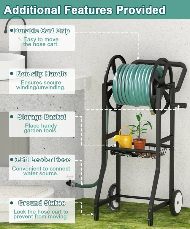Alt view image 4 of 7 - Garden Hose Reel Cart with Wheels Heavy Duty Powder Coated Steel Storage for 125 ft 5/8" Hoses, 3.9ft Leader Hose & Basket, Black
