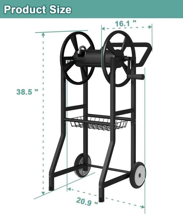 Alt view image 6 of 7 - Garden Hose Reel Cart with Wheels Heavy Duty Powder Coated Steel Storage for 125 ft 5/8" Hoses, 3.9ft Leader Hose & Basket, Black