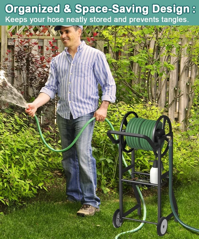 Alt view image 7 of 7 - Garden Hose Reel Cart with Wheels Heavy Duty Powder Coated Steel Storage for 125 ft 5/8" Hoses, 3.9ft Leader Hose & Basket, Black