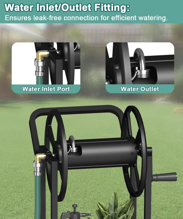 Alt view image 5 of 7 - Garden Hose Reel Cart with Wheels Heavy Duty Powder Coated Steel Storage for 125 ft 5/8" Hoses, 3.9ft Leader Hose & Basket, Black